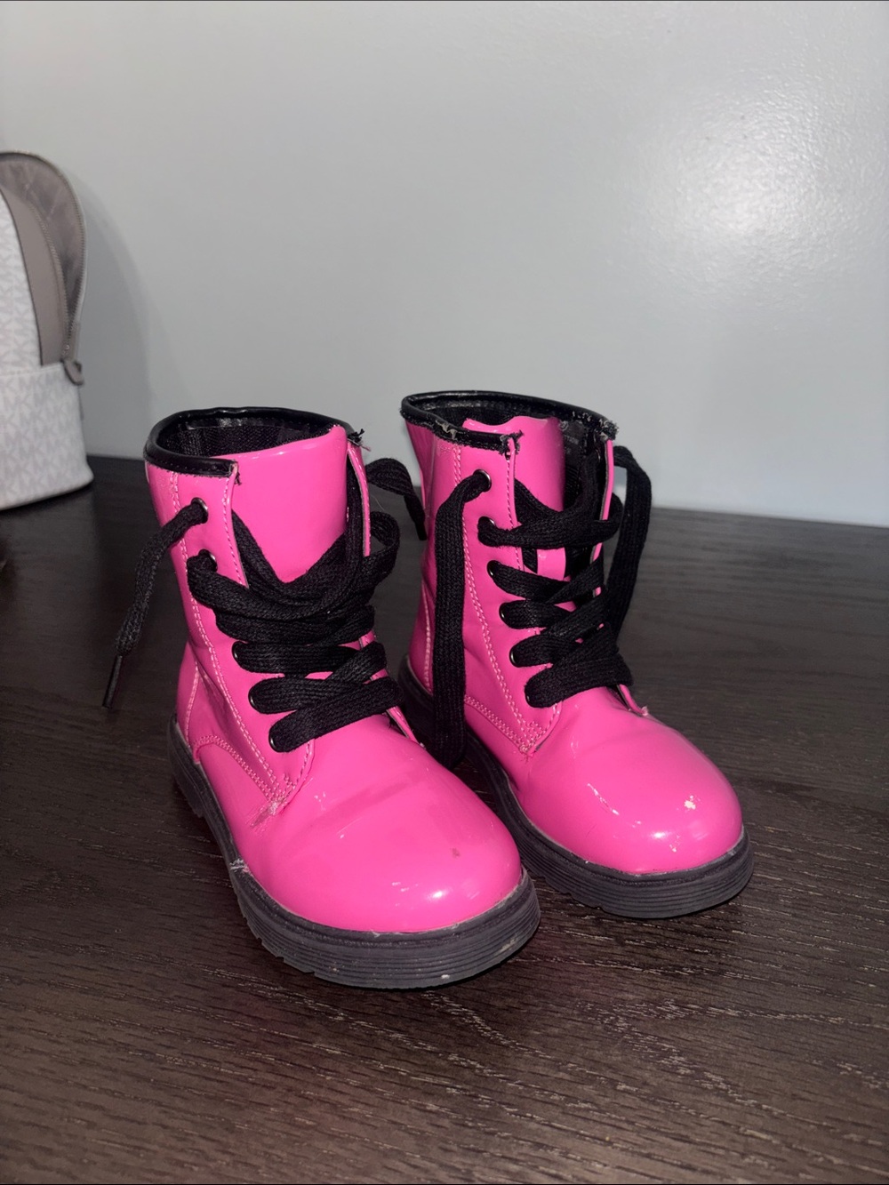 Bright Pink Patent Combat Boots with Black Laces